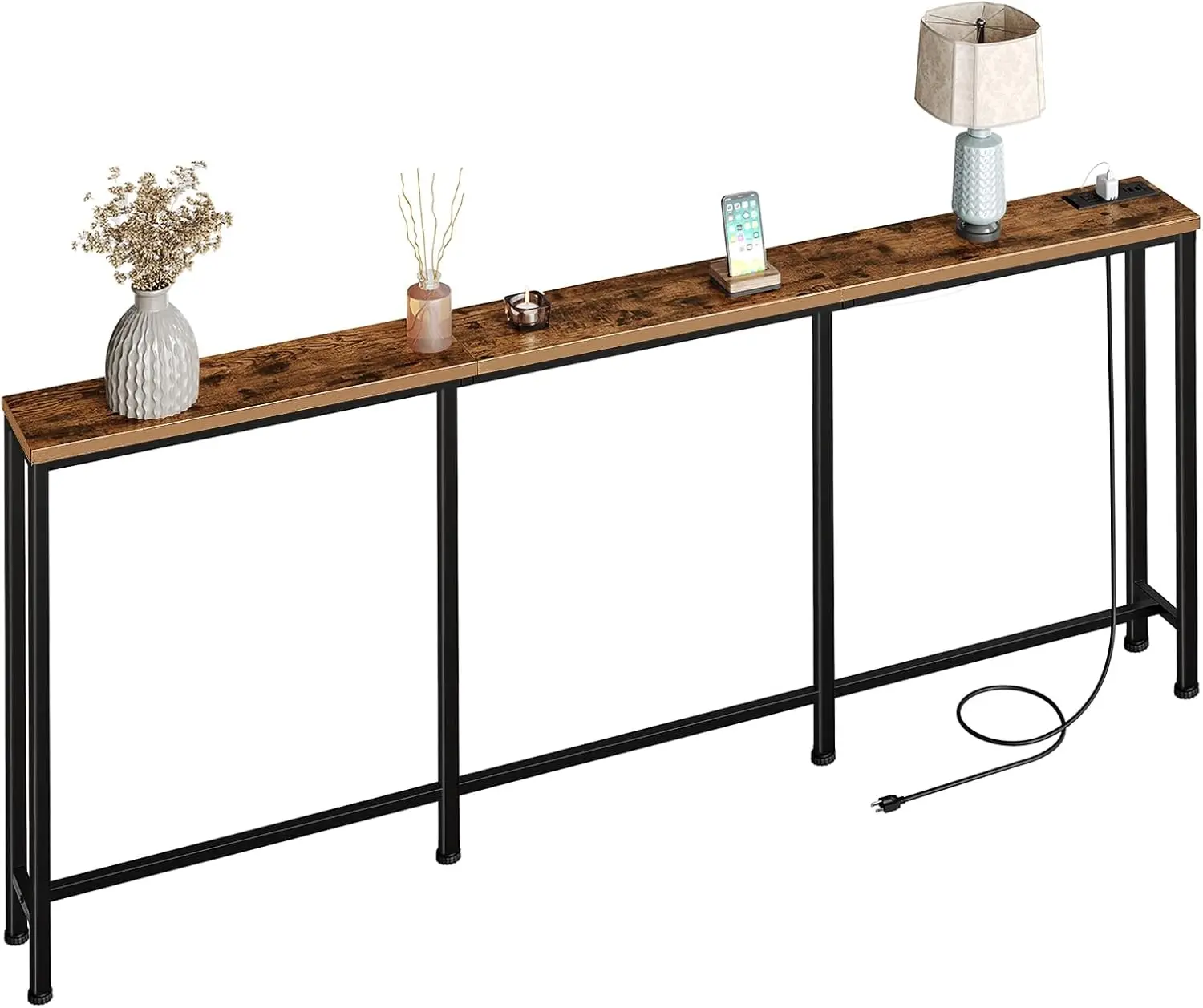 

78.7'' Narrow Console Table with Power Outlet, Slim Sofa Table for Living Room, Hallway Entryway in Rustic Brown and Black