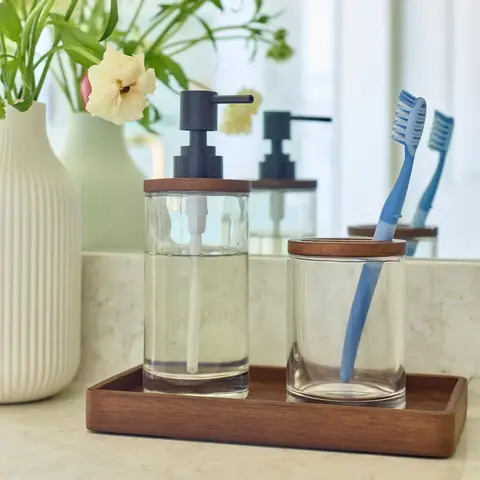 बेहतर घर और गार्डन बबूल की लकड़ी का एक्सेंटेड ग्लास टूथब्रश होल्डर 10 best sales टूथब्रश स्टैंड - №5