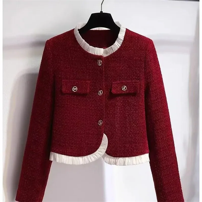 

2023 весна осень новая женская короткая куртка модная с круглым вырезом маленький ароматный стиль темпераментное пальто женский короткий топ