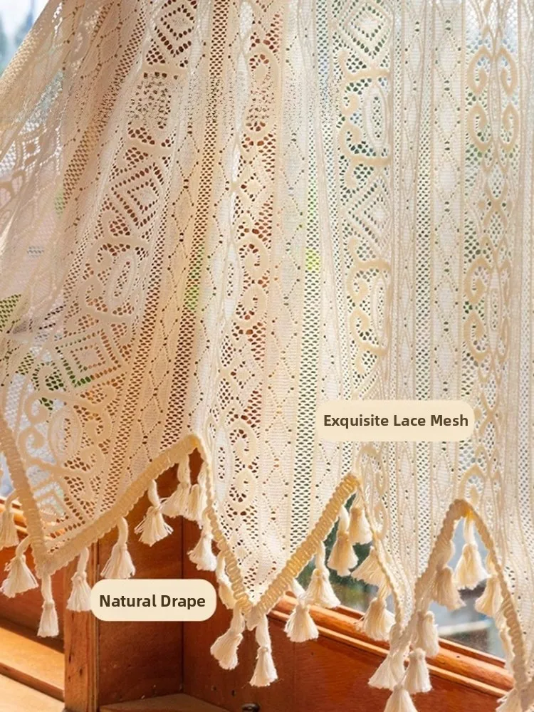 ستارة رومانسية من الدانتيل على طراز كريمي، قضيب منزلق، غطاء مقاوم للغبار، ستارة للمطبخ، ملحقات ستارة للباب من المنسوجات المنزلية #2