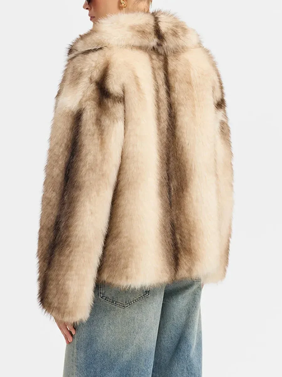 LIMO Women Gradient Faux Fox Fur Coat Lapel Loose Short Winter Fluffy Jacket