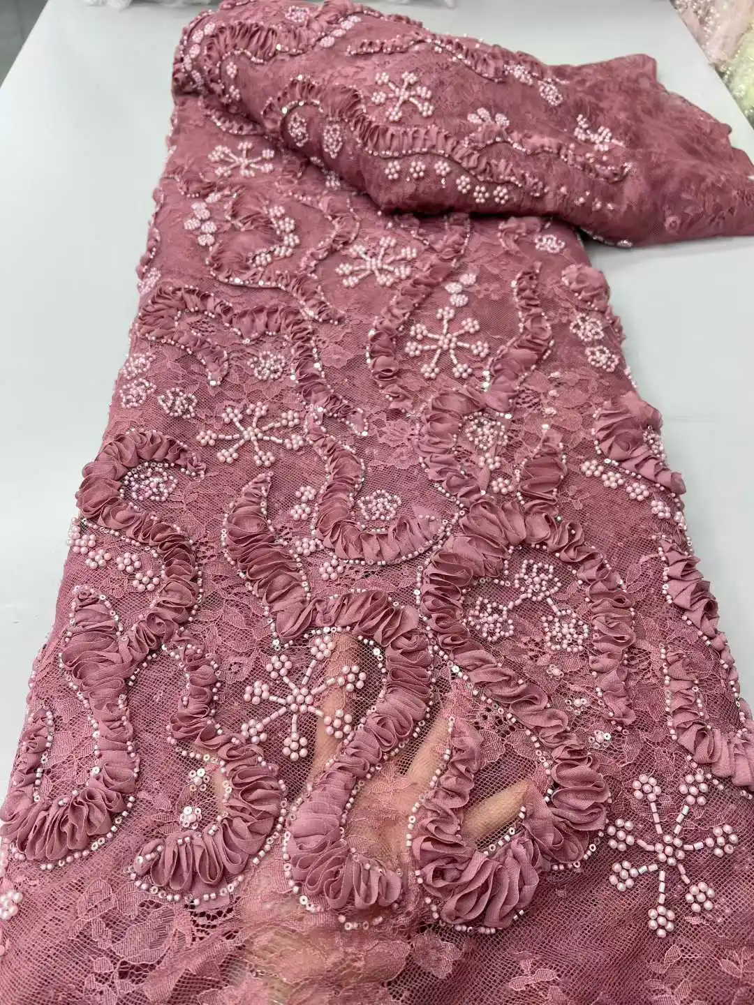 

African Beaded Lace Fabric 2026 Premium Quality 3D Nigerian Sequined Lace Fabric Wedding Gown Sewing Material 5 Yards