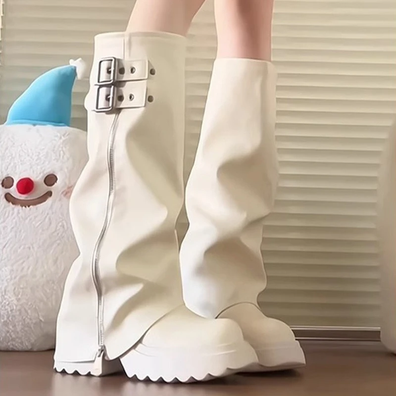 Punk Style Splicing Thick Bottom Women Knee-High Boots Fashion Zipper Female Pleated Knight Long Booties Shoes - view 3