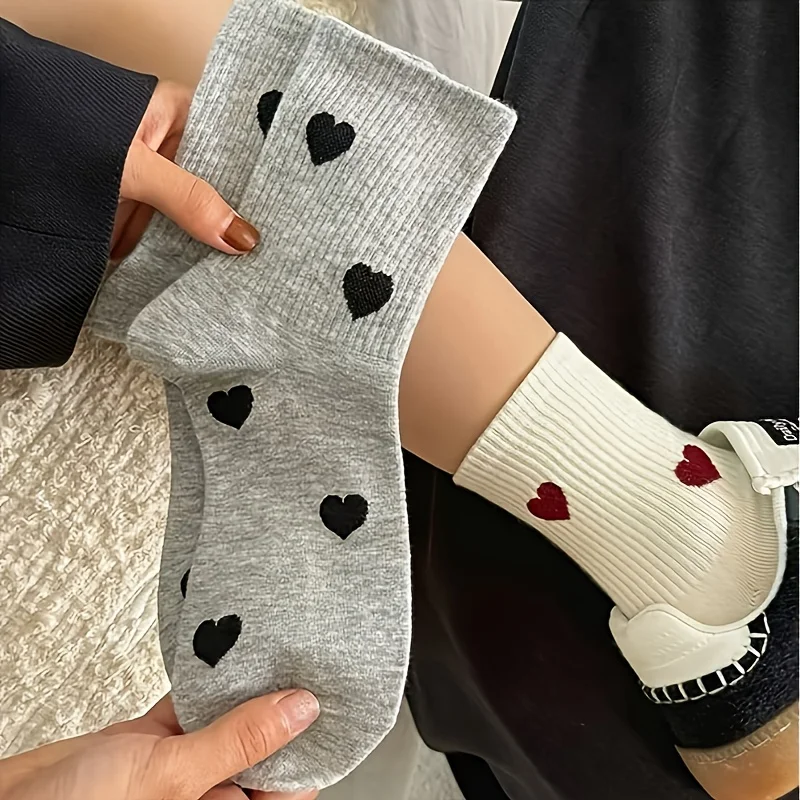 5 Pairs Women'S Socks,Heart Pattern, Fall Winter All-Season Long Socks,Couple Socks,Mid-Calf Socks,Comfortable Women'S Socks