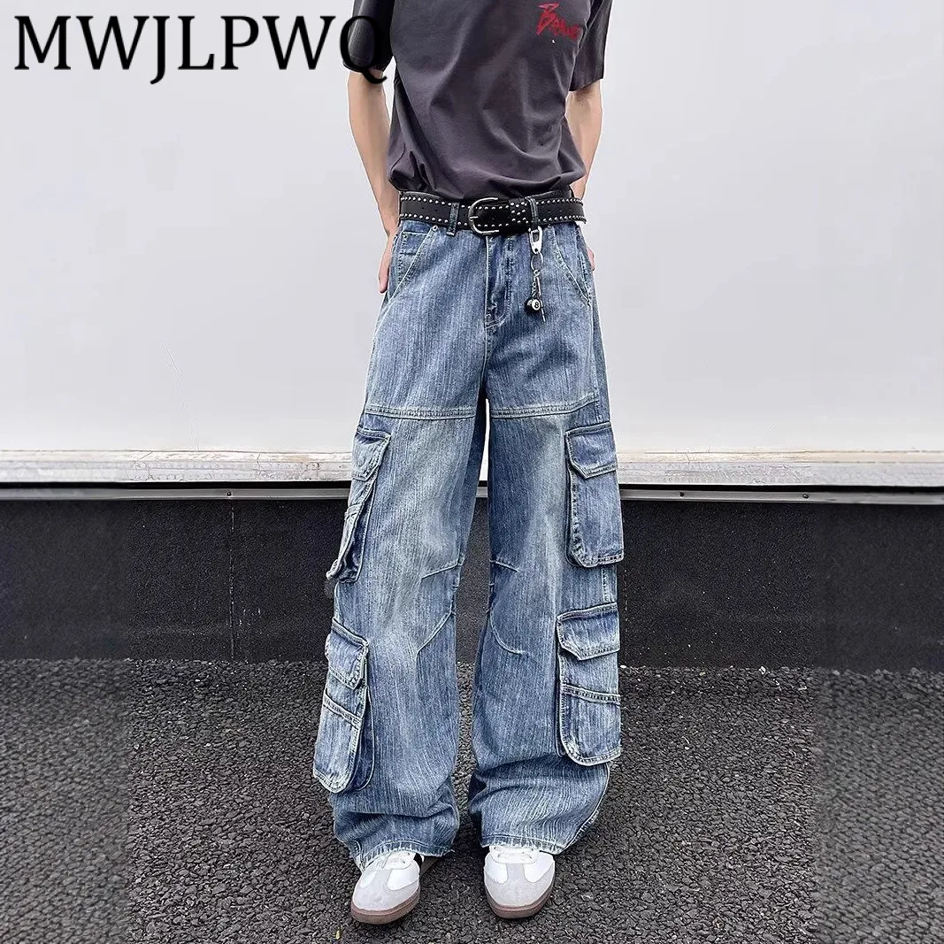 

MWJLPWQ Мужские джинсы-карго в американском стиле с несколькими карманами, летние прямые свободные утягивающие широкие брюки с уличным дизайном 11989