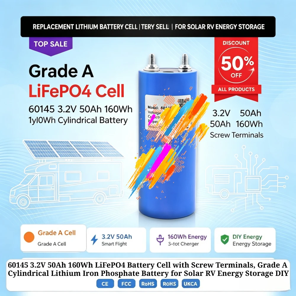 60145 3.2V 50Ah 160Wh LiFePO4 Battery Cell with Screw Terminals, Grade A Cylindrical Lithium Iron Phosphate Battery for Solar RV