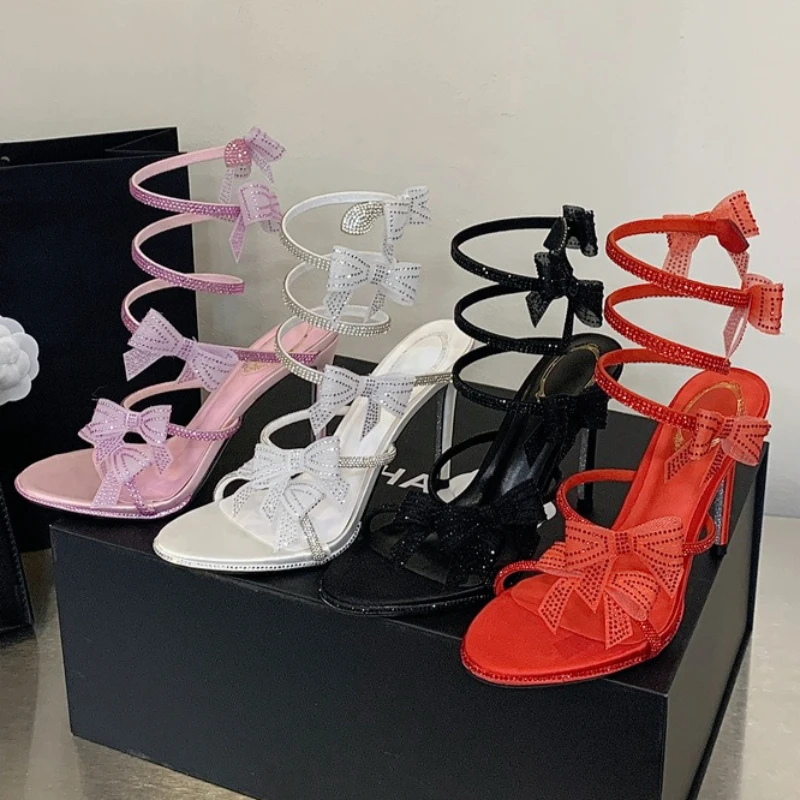 

Женские босоножки на каблуке с блестящими стразами и бантом, пикантные элегантные модельные туфли на каблуке с открытым носком, Zapatos De Mujer