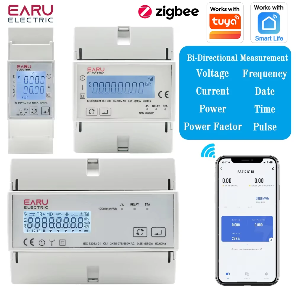80A Tuya WiFi Smart ZigBee Three Phase Bidirectional Energy KWh Meter Monitor Wattmeter Support Modbus Voltage Current Switch