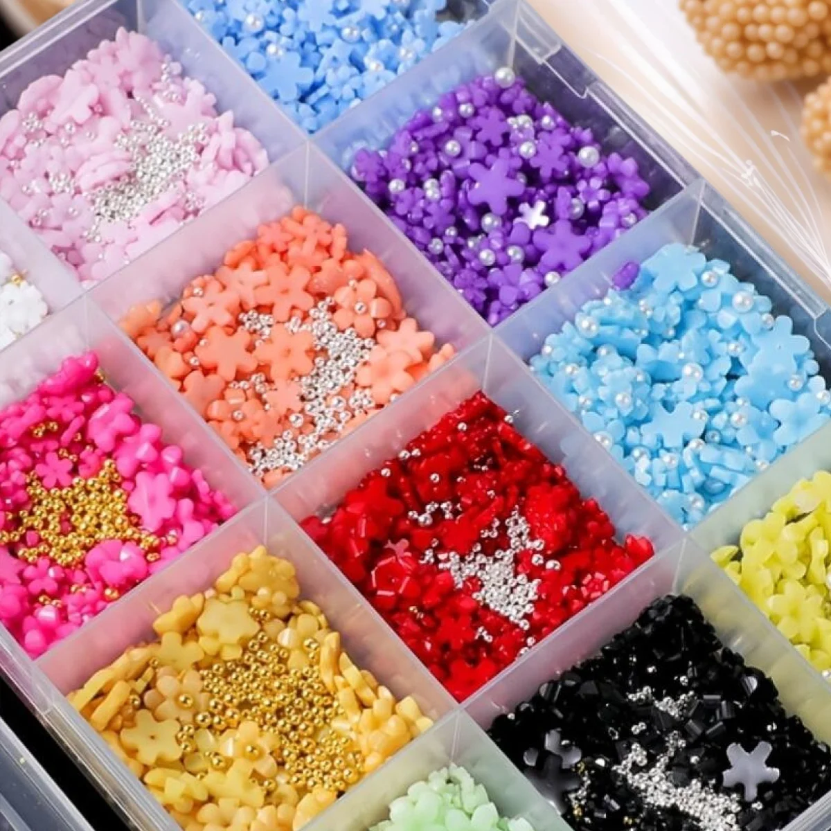 12 cores 3d cinco pétalas flor encantos de unhas com ouro silvercaviar contas pérola florais decorações da arte do prego diy manicure acessório