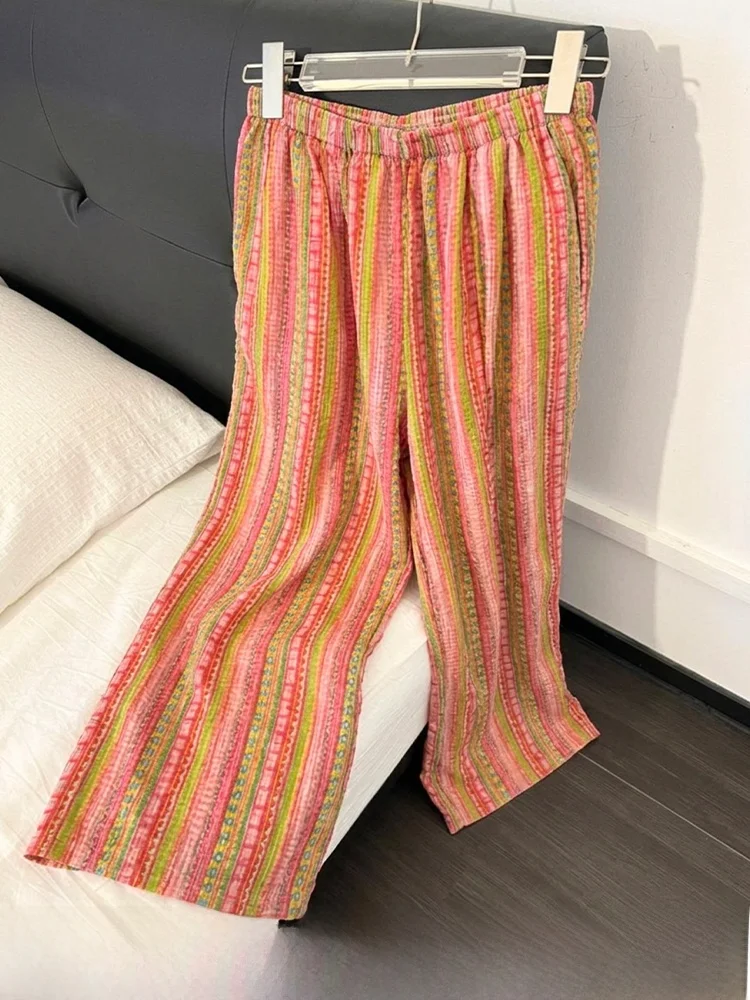 Loose Wide Leg Home Pants Women's Summer Style Casual Dopaamine  Stripes Sleepwear High Waist Long Pants for Hanging out
