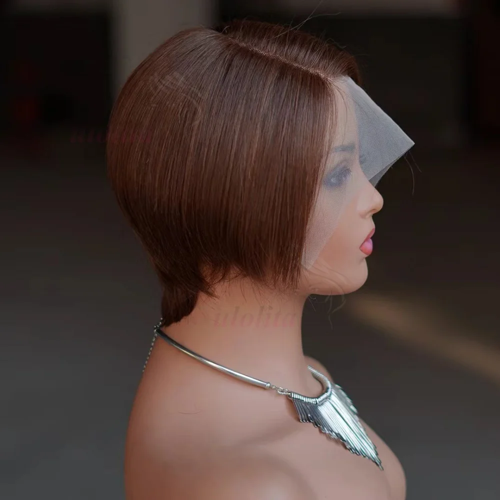 # 4 Braune Gerade Pixie-Cut-Perücke 13x4 Transparente Lace-Frontal Echthaar-Perücken Kurze Bob-Perücke Brasilianische Seitenpart-Perücken für Frauen – Detail 4