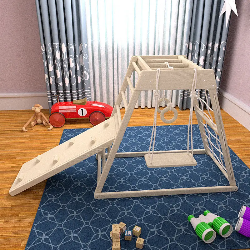 

Деревянный игровой комплекс-лазалка: треугольная рама, лестница и горка для небольшой домашней игровой площадки