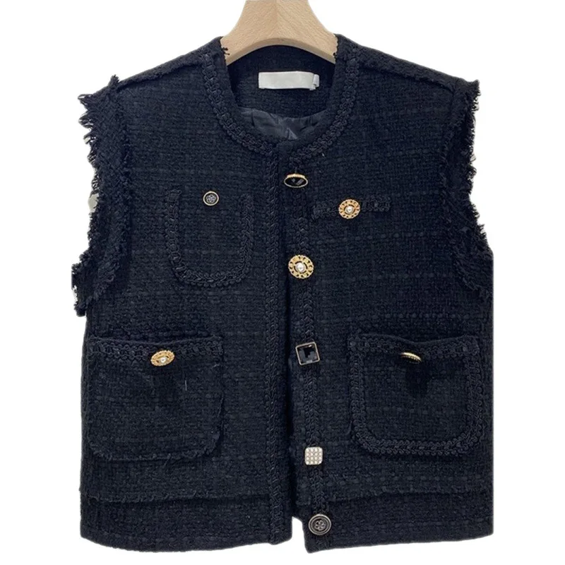 Autumn New Fashion Temperament Versatile Short Style Fragrant Wool Vest Jacket Women Black Waistcoat