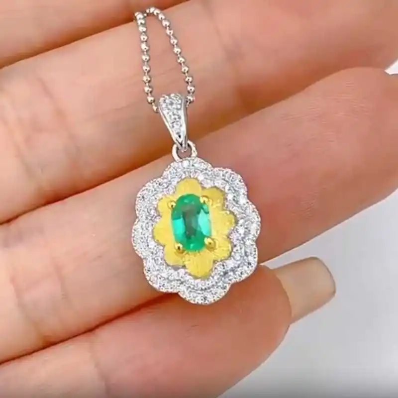 SACEGEMS Certified 925 Sterling Silver Raw 4*6MM Natual Emerald Pendant Necklace for Women Engagement Cocktail Party Fine Jewelr