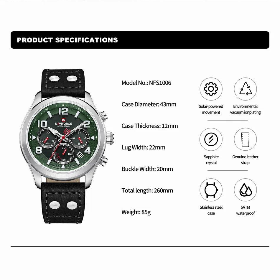 NAVIFORCE Original New Design Luxury Men Eco-Drive Quartz Watches Fashion Leisure Waterproof Wristwatches Stainless Steel Clock