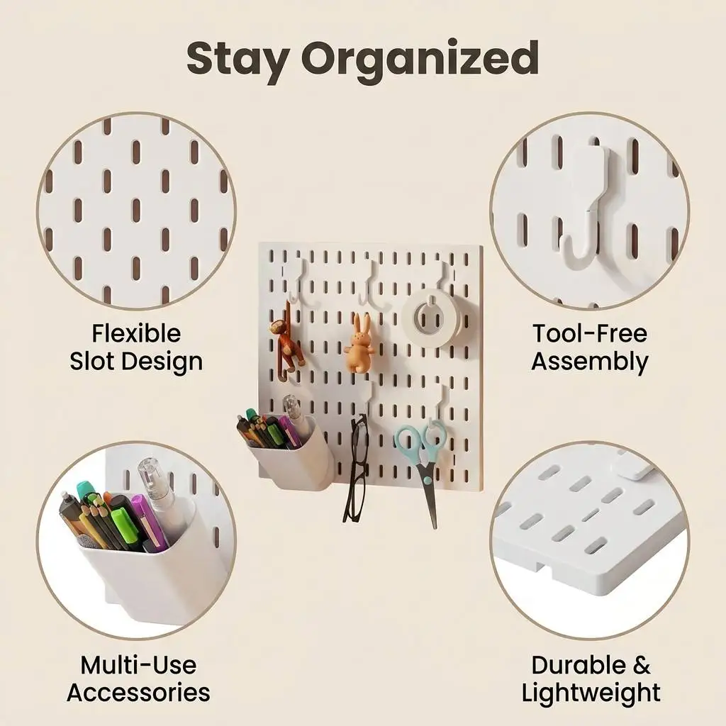 Modular Plastic Pegboard Wall Storage, DIY Combination Hole Panel with Multi-Type Hooks Basket Shelf for Office Supplies Desk