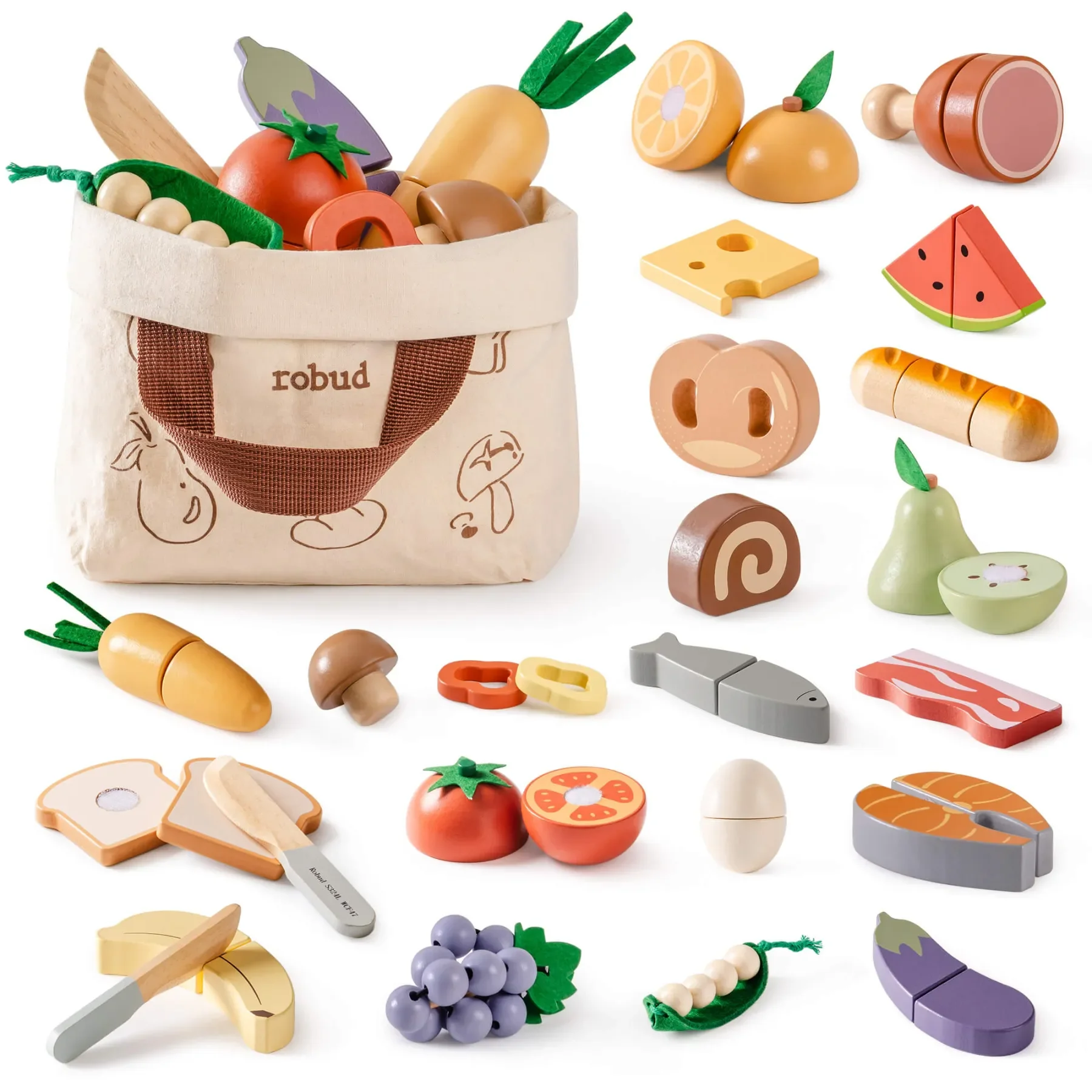 Robud Holzspiellebensmittel 4-in-1-Schneideset Rollenspielspielzeug Essen zum Spielen der Küche mit Einkaufstasche – Kinderküchenzubehör