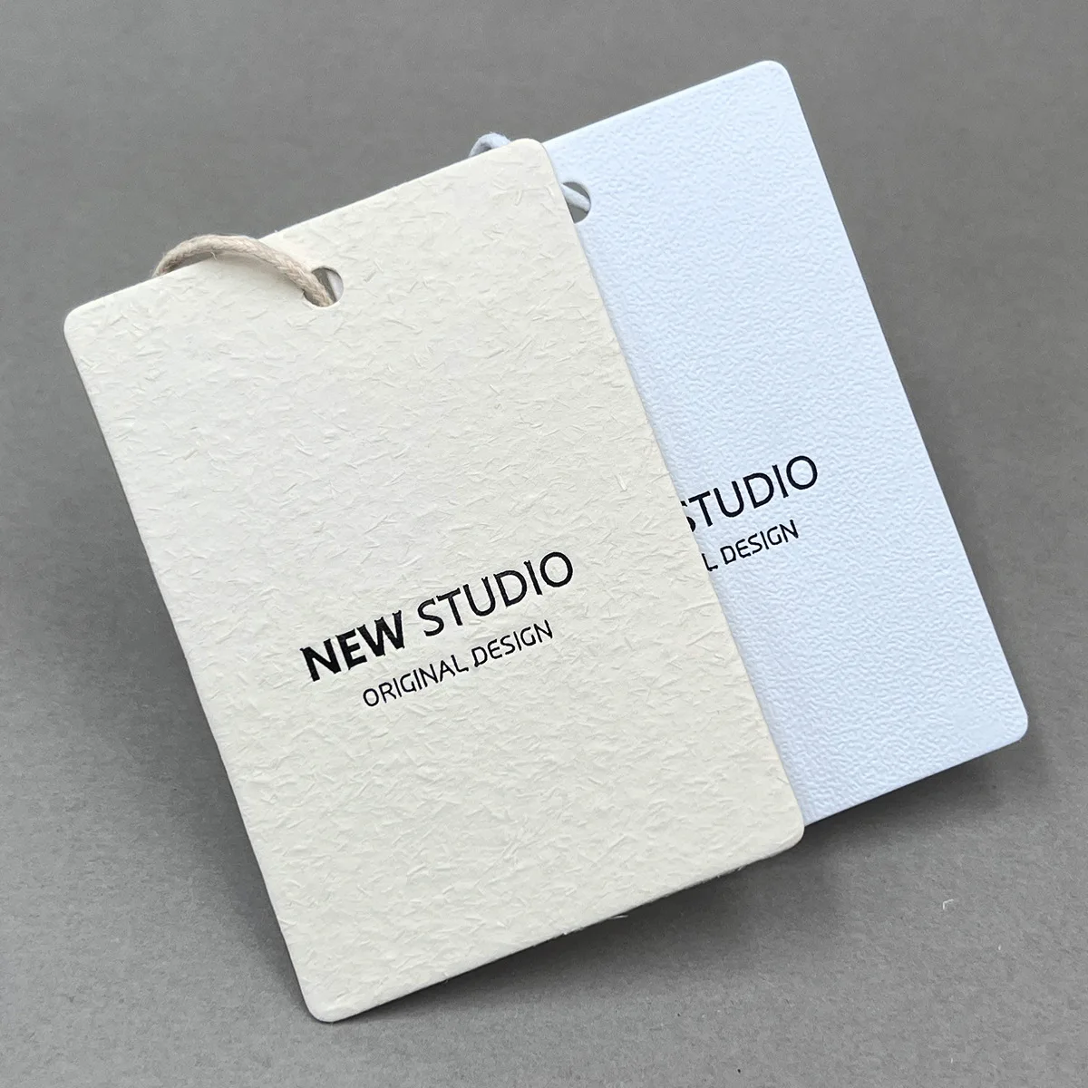 Custom Classic Fashion Clothing Hang Tags Beige White Natural Grass Paper Tags with Gold Foil Logo Printing Garment Price Tags