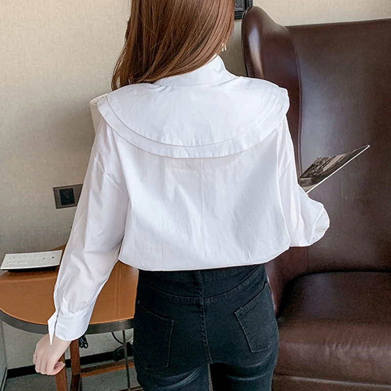 Casual Blue Peter Pan Collar White Shirt Spring Blouse 2023 Long Sleeve Pleasure Shirt Fashion Chic Tops Elegant Clothes 18829