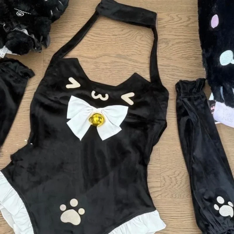 Sexy Cute Japanese Harajuku Halter Slim Fit Bodysuit Y2k Kawaii Cartoon Print Spliced Pleated Jumpsuit Punk with Arm Warmerst