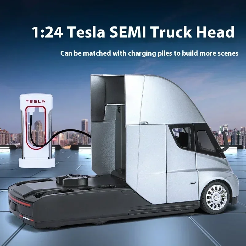 1:24 Tesla Semi Truck Trailer Metal Alloy Diecast Truck Trailer Model Sound & Light Collection Car Model Toy Gift With Boys C325