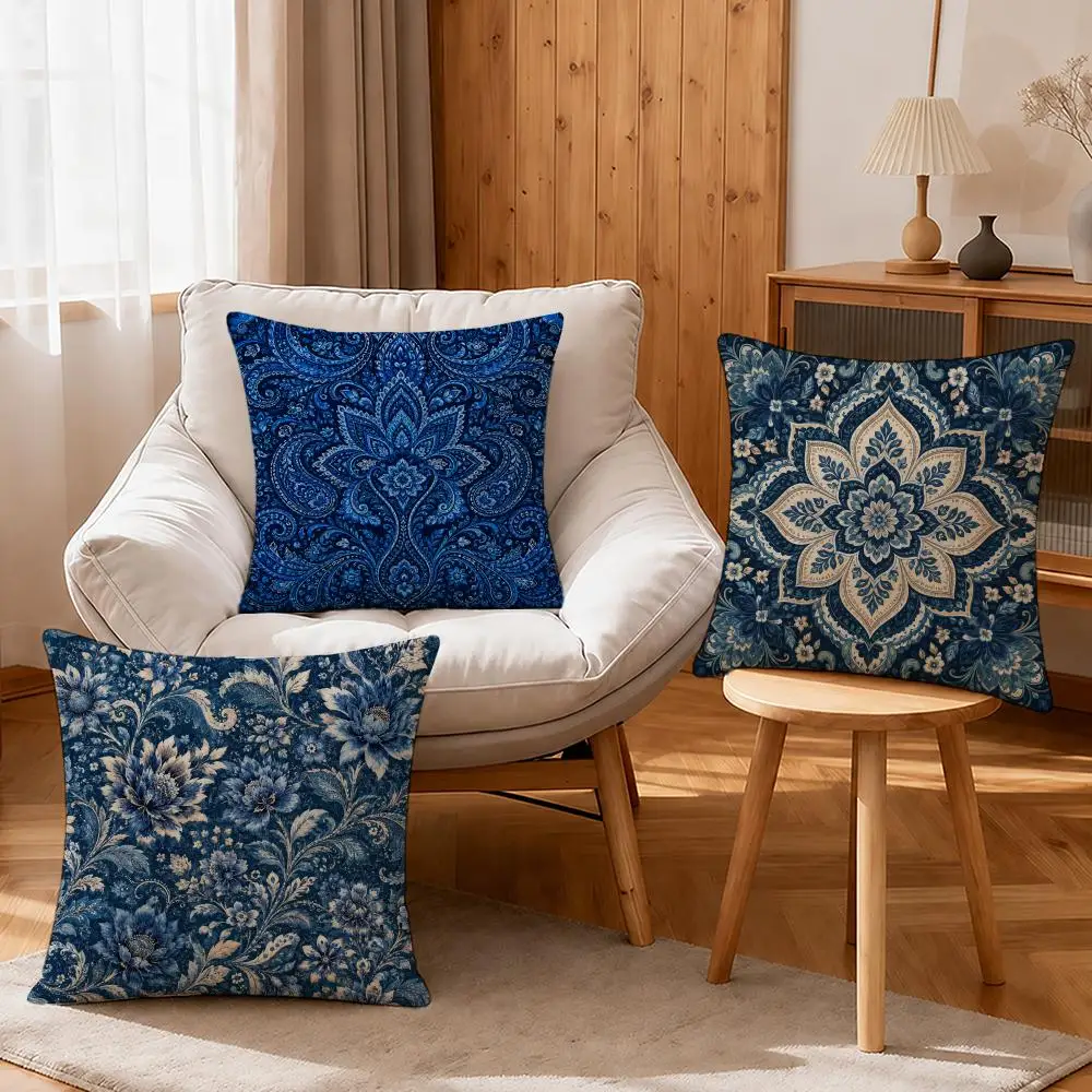 Art Vintage Blue Paisley Floral Pattern Cushion Cover Linen Anti-Mite Antibacterial Cushion Cover Invisible Zipper Sofa Decor