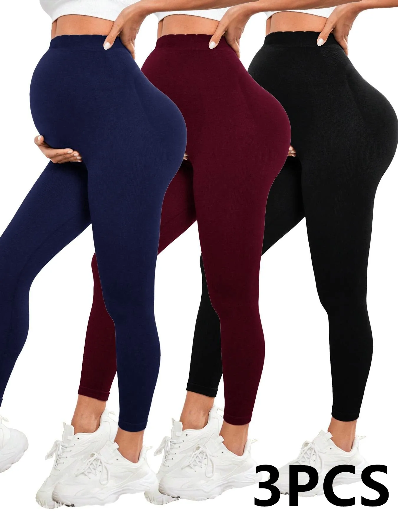 Paquete de 3 mallas de maternidad para mujer sobre el vientre, cintura alta, entrenamiento de Yoga, pantalones de embarazo, ropa deportiva para mujer