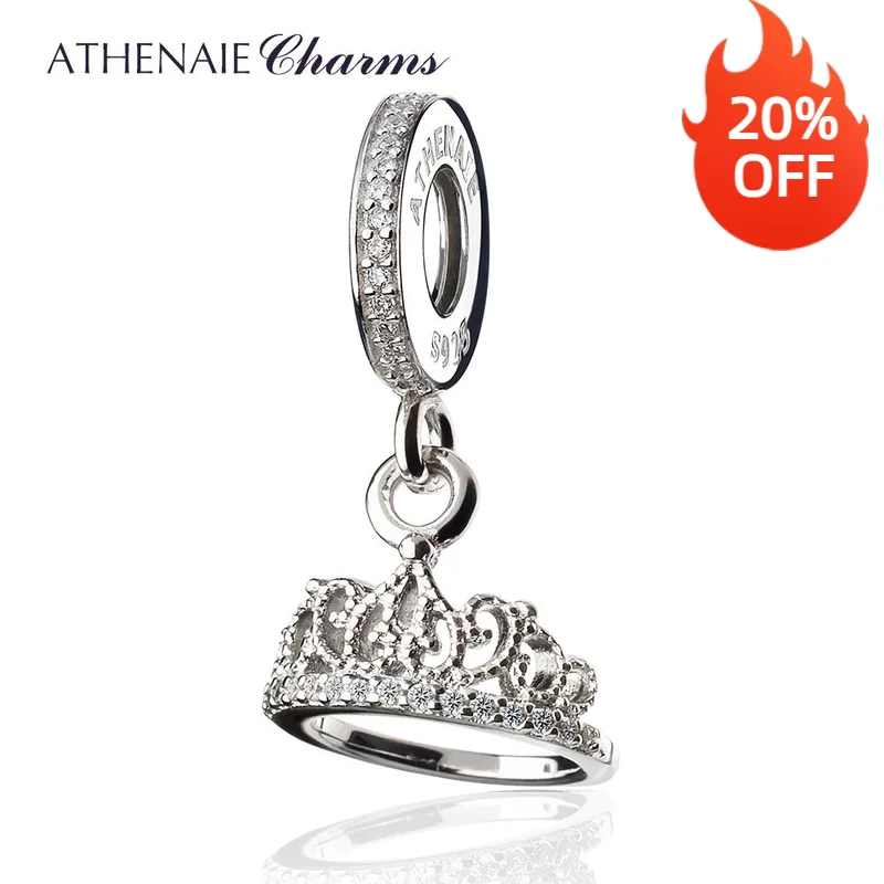 

ATHENAIE 925 Silver with Pave Clear CZ Hearts Tiara Pendant Drops Fit All European Bracelets Necklace