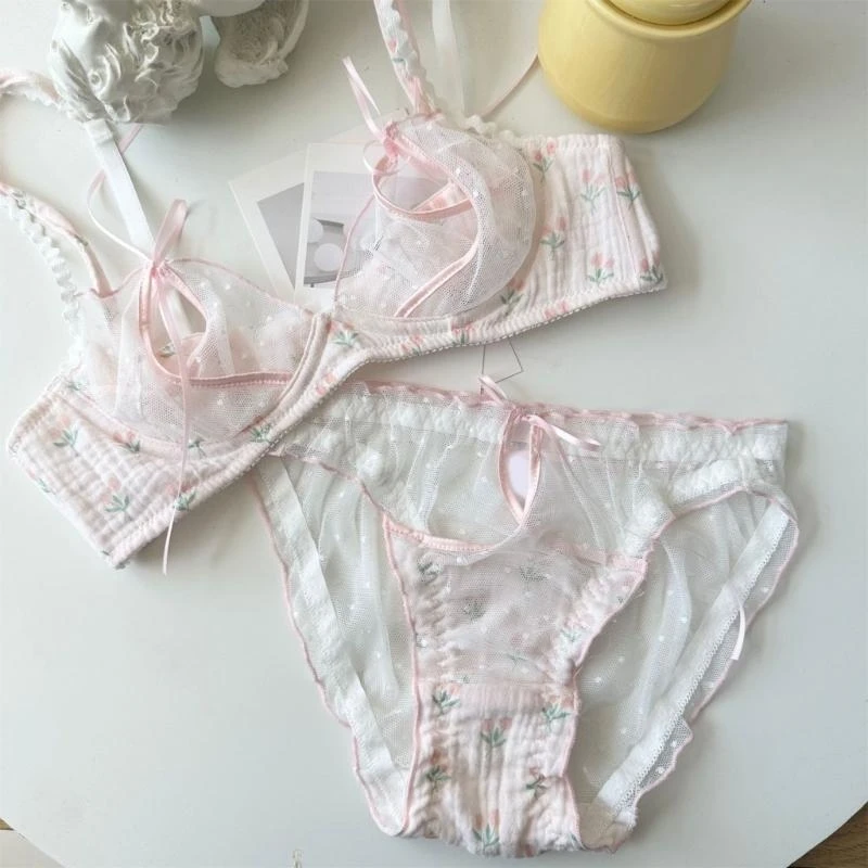 q22d-女性のエロ中空ちょう結びランジェリーセット甘い花柄メッシュ下着ブラジャーとブリーフスパゲッティストラップ下着
