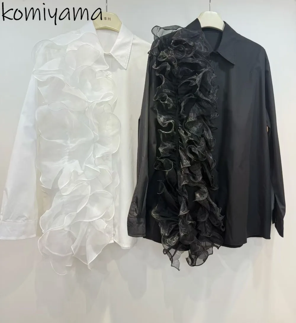 

Spliced Ruffles 2025 Ropa Mujer Long Sleeve Shirts & Blouses Autumn Elegant Tops Turn Down Collar Blusas Irregular Camisas