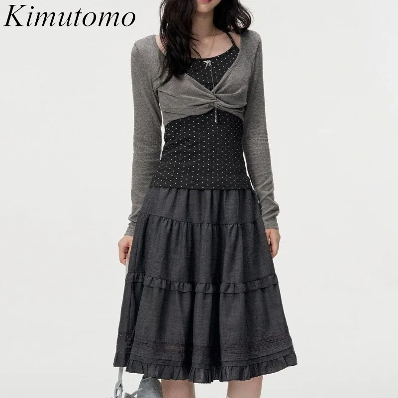 Kimutomo Women T Shirts Long Sleeve Patchwork Fake Two Piece Polka Dot Vintage Y2k Aesthetic Tops Autumn 2026 Fashion Casual