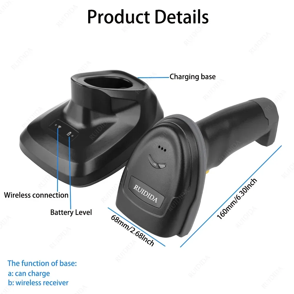 Scanner 2d Wireless with charging base qr Scanner Bluetooth Barcode Reader Code Bar Scanner Handheld Wireless Barcod PDF DM code