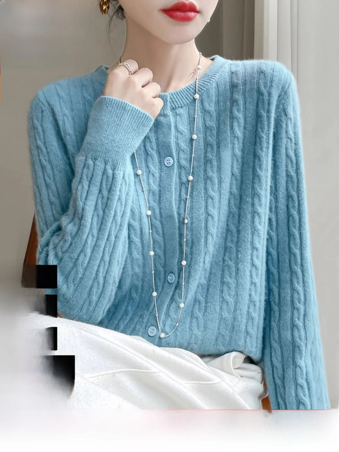 

Вязаный длинный свитер из чистой шерсти, круглый Ne, женский осенне-зимний цветной кардиган, верхняя одежда, универсальный, моющийся