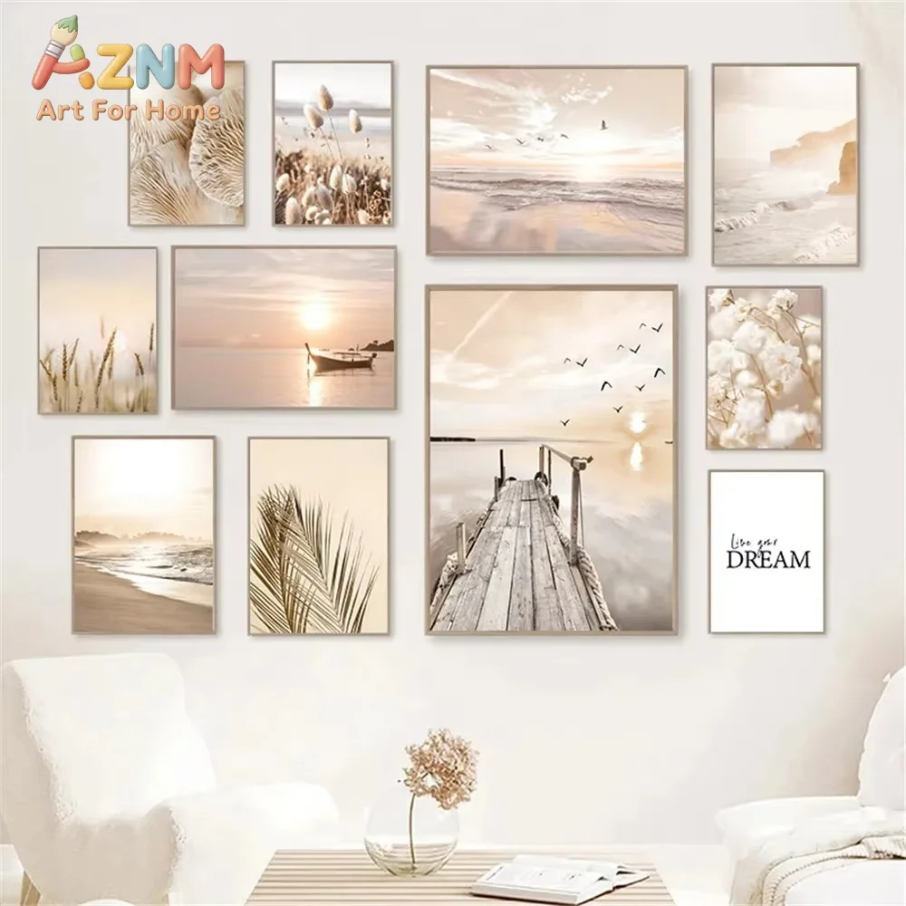 AZNM Frameless 2D Flat Beige Coastal Sunset Beach Scenery Canvas Print, Reusable Neutral‑tone Seascape Living Room Wall Art Deco