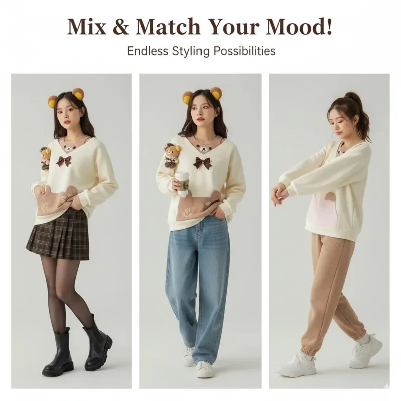 

Bow Y2K Rilakkuma Top Printed Sweet Shirt Women Autumn Winter Carton Anime Cotton Long Sleeve False 2 Piece Fun Girls Top New