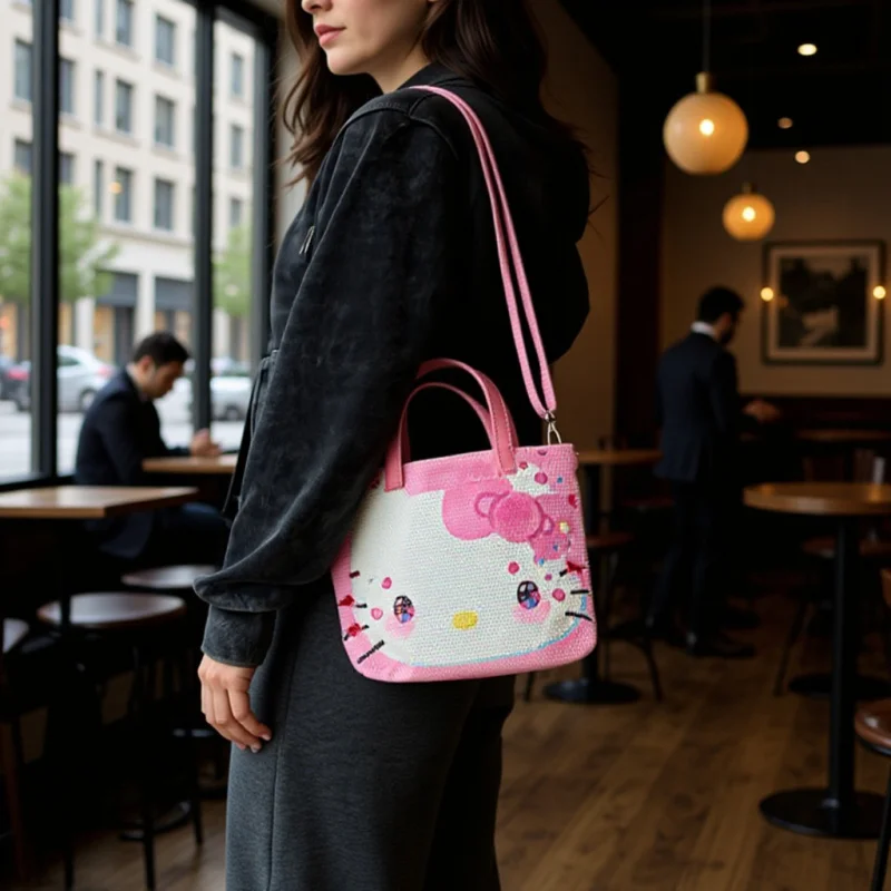 

Hello Kitty Women Diamond Shoulder Bag Pink New Fashion Cartoon Messenger Bag Ladies Girls High Quality Crossbody Tote Bag