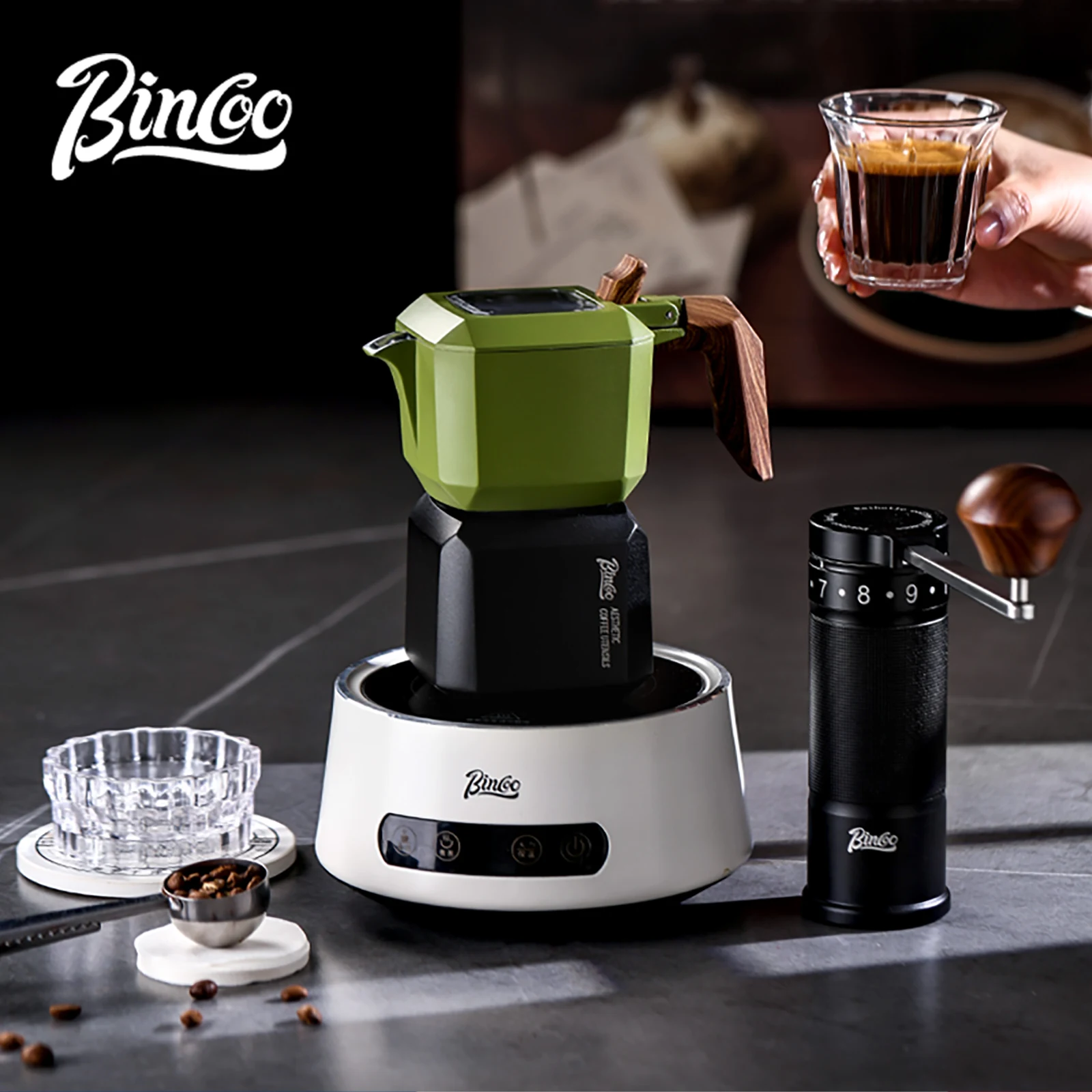

Bincoo Square Moka Pot Set Двойная клапанная эспрессо-машина с тампером-фильтрами Керамическая подставка и кофемолка Компактная для дома и улицы