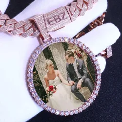 15mm Cuban Chain with Big Circle Photo Pendant Rose Gold Plated Hip Hop Picture Necklace Jewelry Gift Custom Letter/Name/Logo