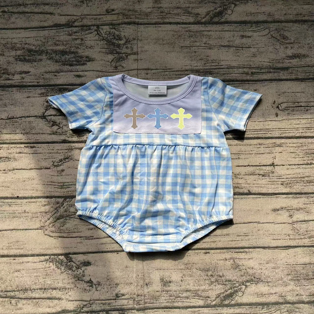 

Baby Infant Boys Easter Blue Checkered Cross Rompers preorder