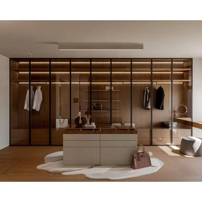 High Gloss Glass Wooden Custom Modern Dressing Room Wardrobe Bedroom Storage Closet OEM ODM Custom Size Home Furniture