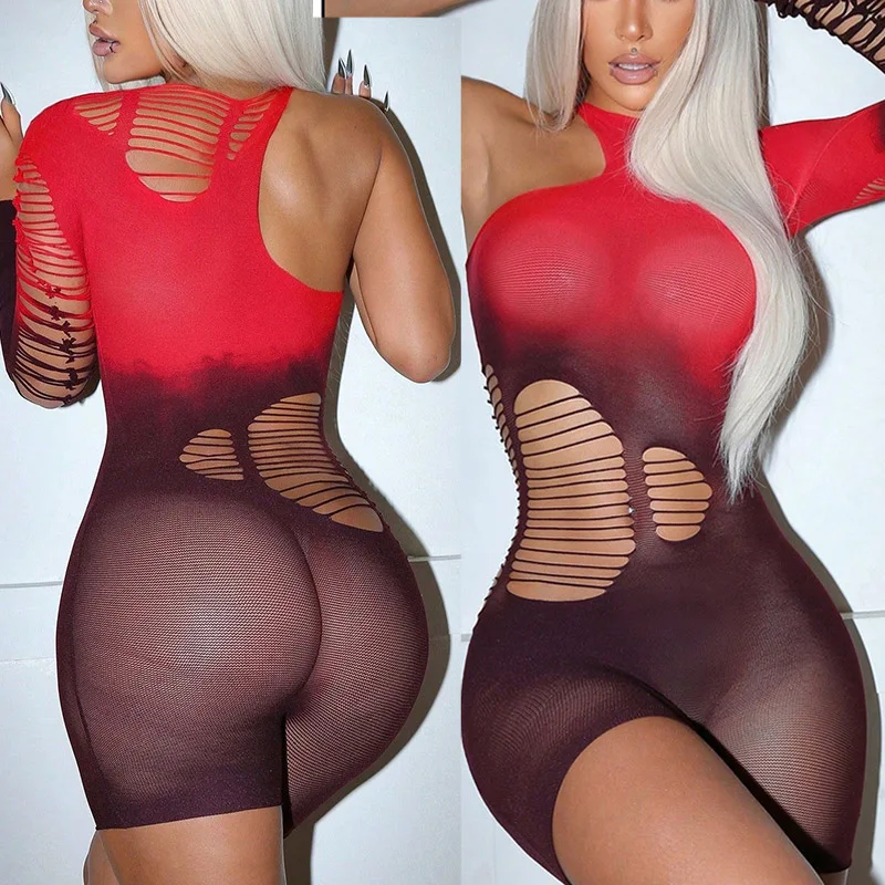Trendy Sexy Gradient Color Short Dress Women Sexy Lingerie Romance Sheer Fishne… - Image 4