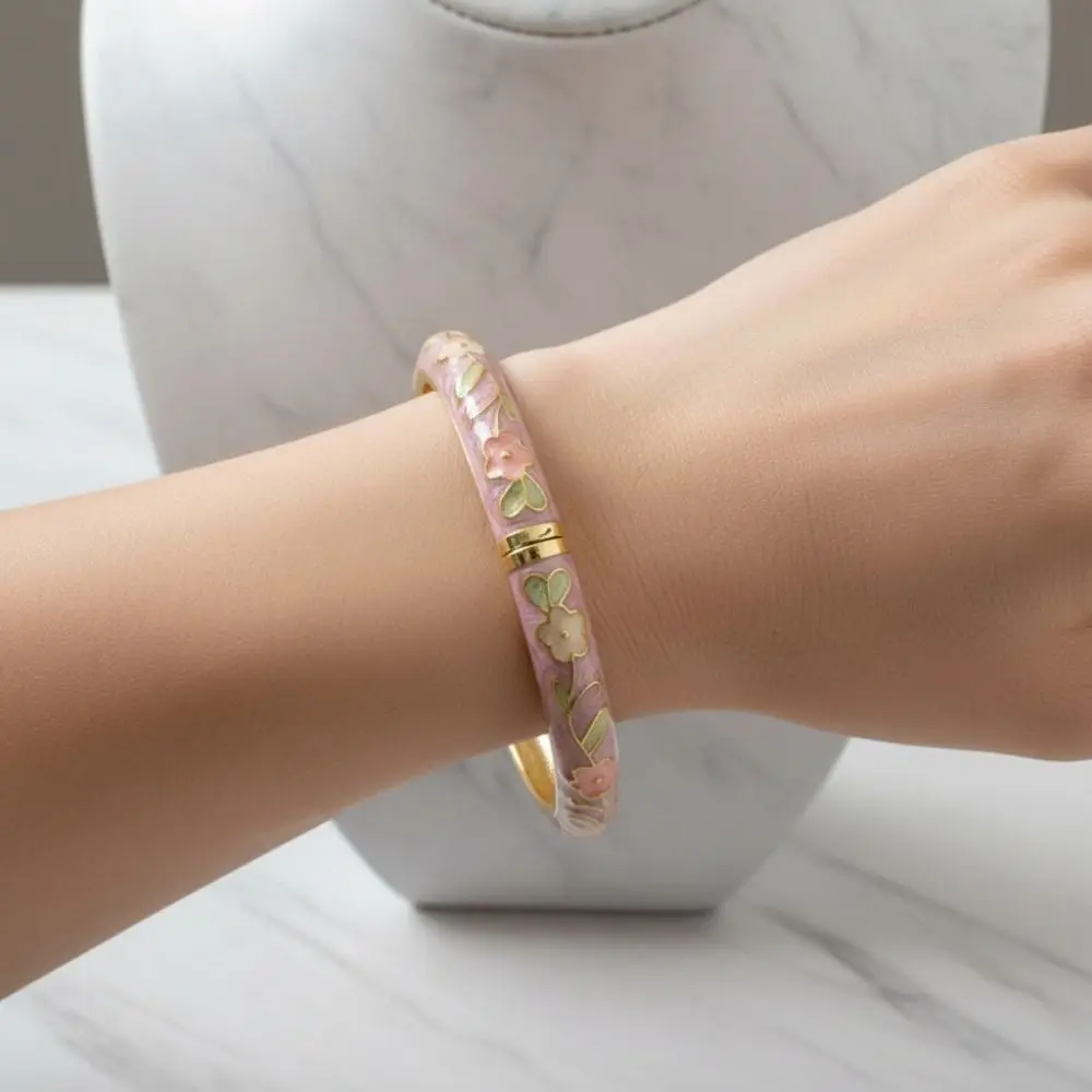 Zinc Alloy Cloisonne Bracelet Rustic Style Flower Pattern Blossom Enamel Bracelet Opening Design Drip Oil Process