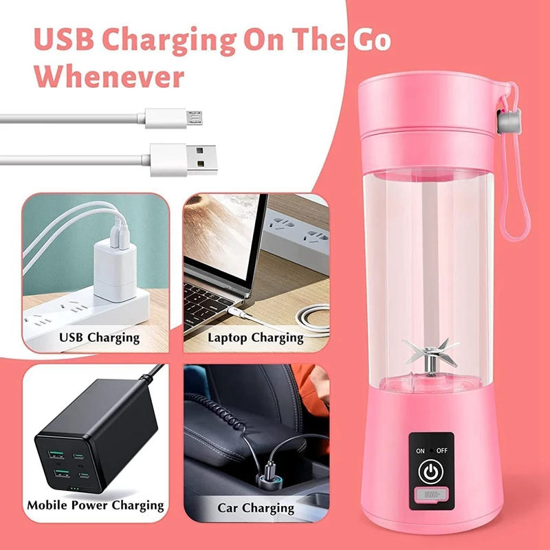 ケーキとスムージー用のポータブルブレンダーUSB 380ml旅行フルーツジューサーカップ、6枚のブレード付き