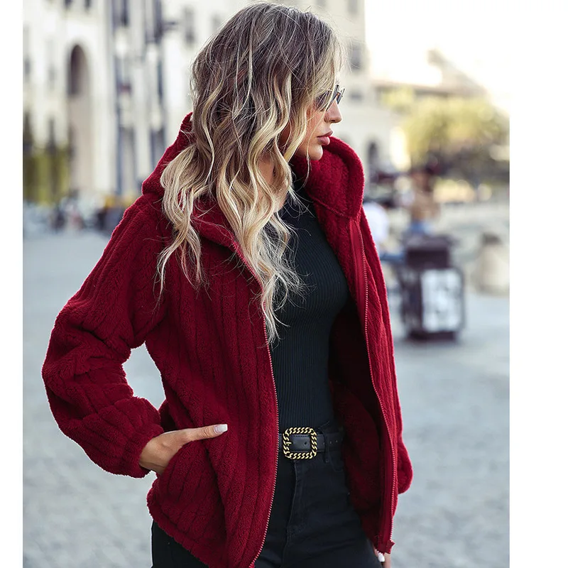 

Autumn And Winter Women's Warm Hooded Long Sleeved Loose Pit Stripe Zipper Double-sided Velvet Casual Jacket