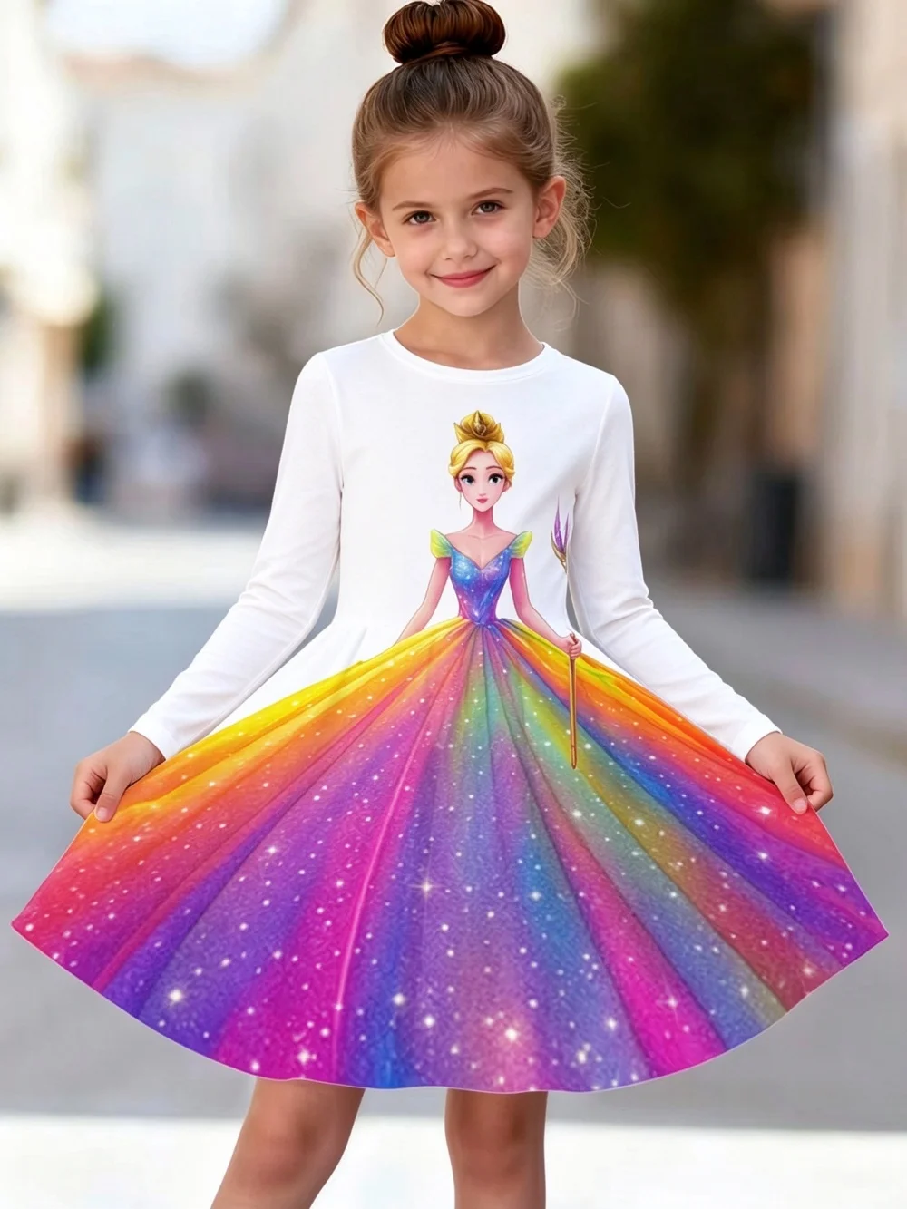 Children Clothes Girl Rainbow Star Magic Princess Dress Colorful Gradient Print Long Sleeve Dress Birthday Party Costume Dress
