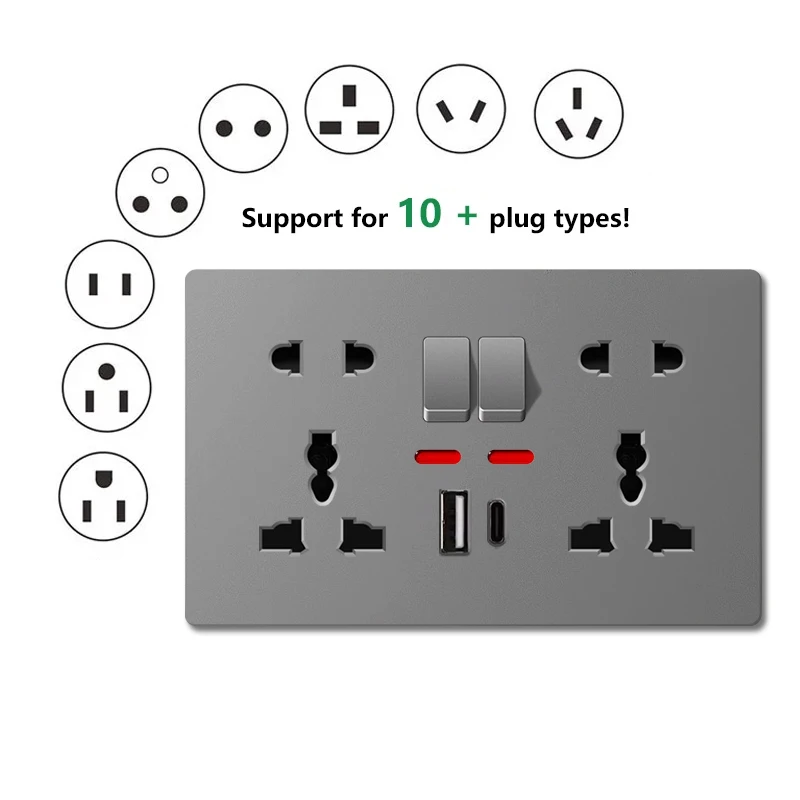 

UK USB Plug Type-C Fast Charging Wall Socket, Universal Double 5-pin Sockets, Water Heater Electrical Light Switch Panel Grey