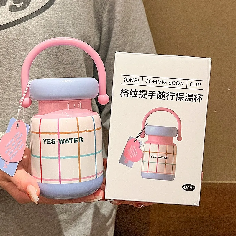 

New 304 Stainless Steel Vacuum Flasks Thermos Cup Women's High Value Small Fresh Portable Cup Portable Plaid Accompanying Cup