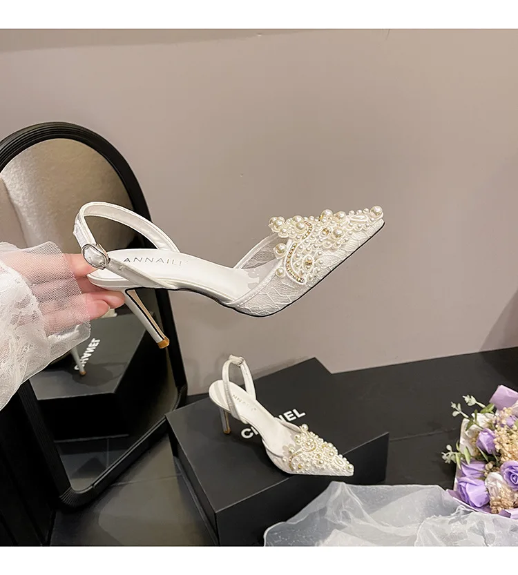 CHMURY elegante donna bianca punta a punta 8cm matrimonio sposa tacchi scarpe per le donne tacco medio pizzo Slingback lacci di perle scarpe