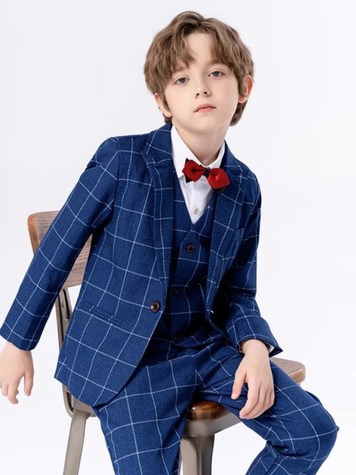 Children Wine Red Piano Party Dress Kids Jacket Vest Pants Bowtie 4PS Ceremony Photograph Suit Flower Boys Performance Costume