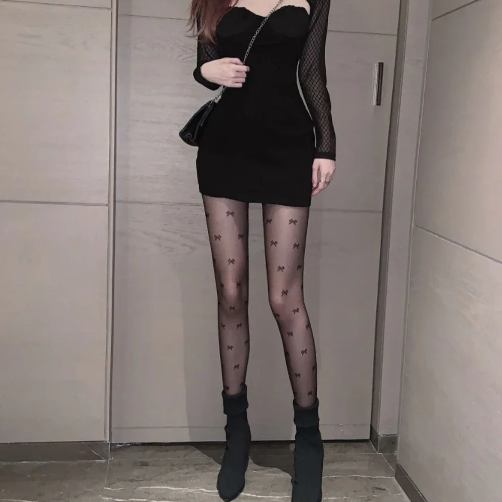 New Fashion Women Pantyhose Tights Sexy Stocking Bow Knot Tight for Ladies Black and White Thin Transparent Socks